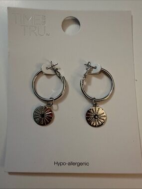 Time and Tru Silver Hoop Earrings with Sunburst Discs